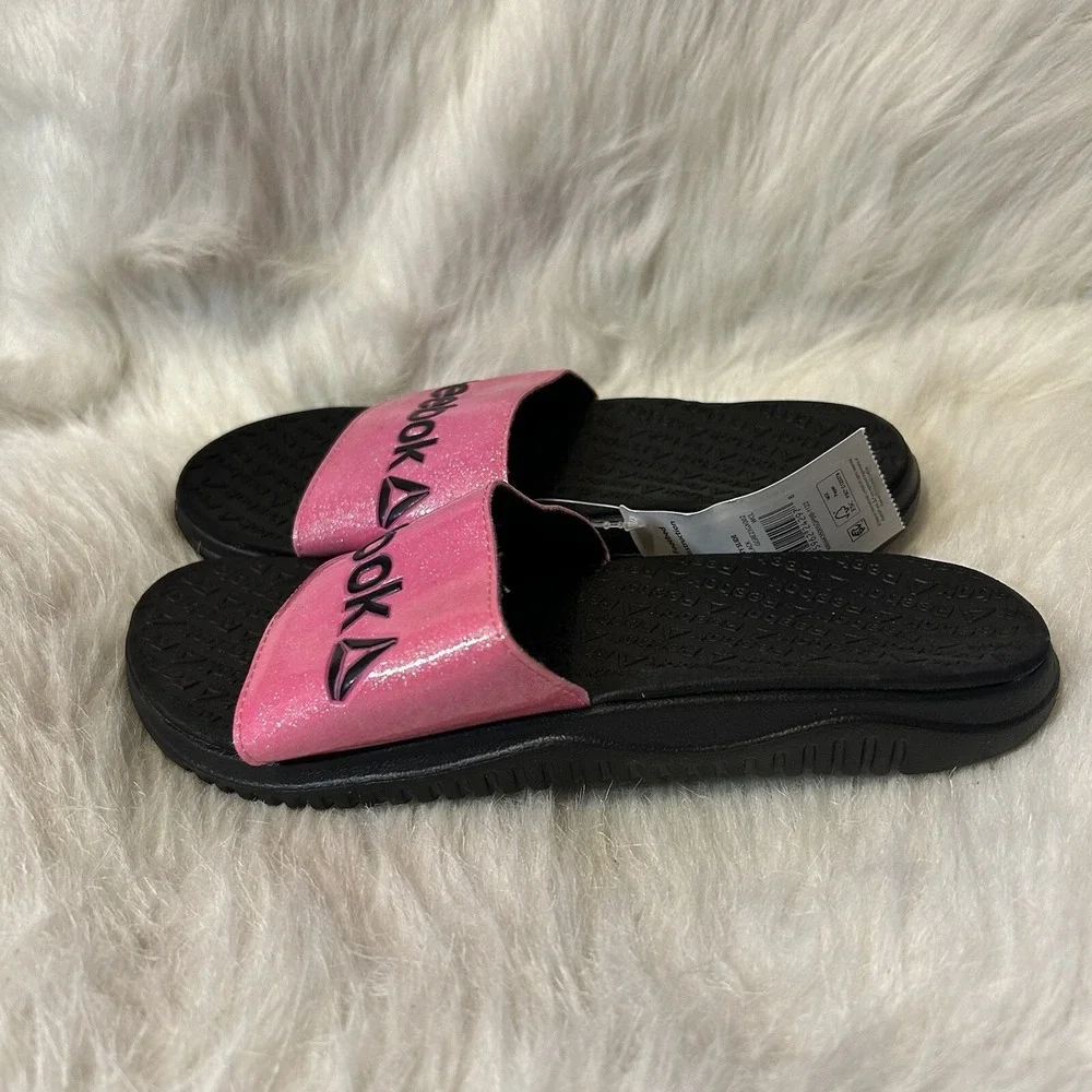 Reebok Slides‎ Girls Size 4 Pink Black Sparkly Glitter Slip On Sandals Shoes